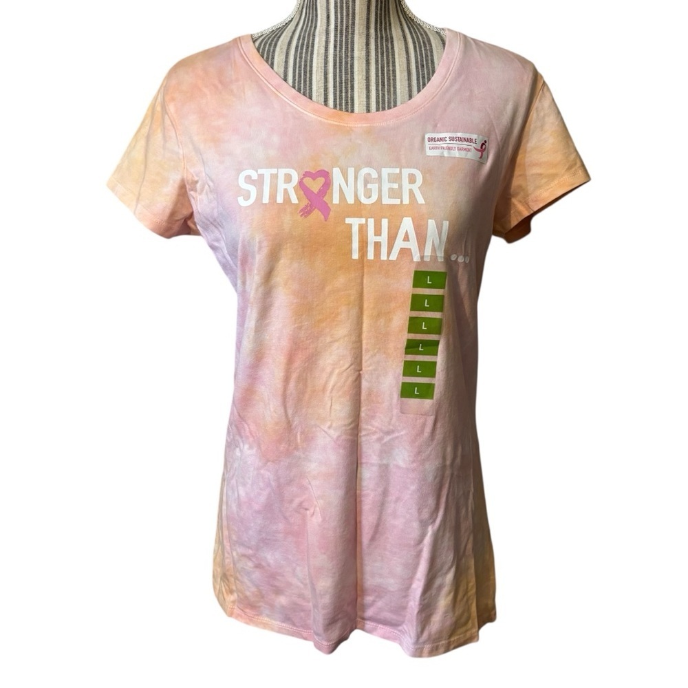 NWT Earth Yoga Tee Large Tie Dye Pink and Orange “Stronger Than” Susan G Komen